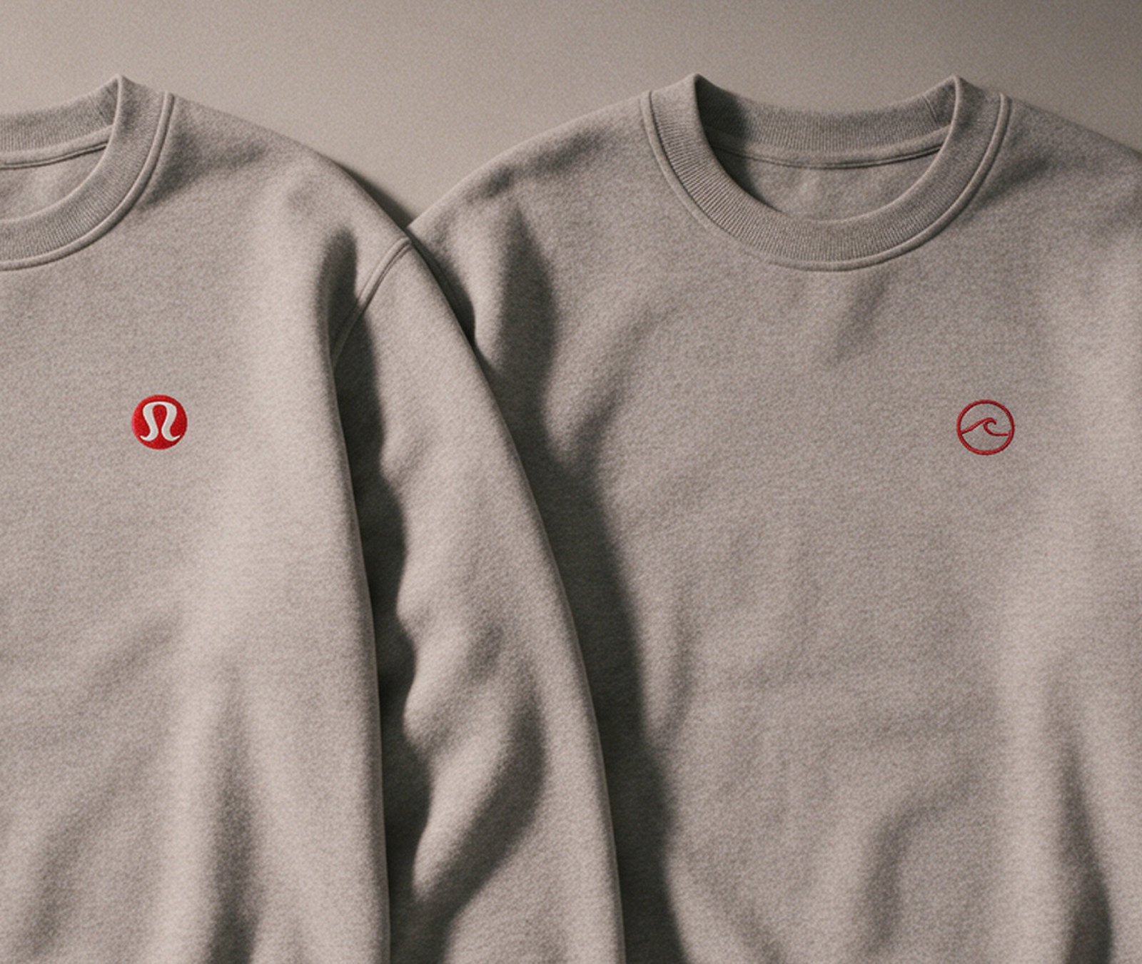 Two identical gray sweatshirts, one with the Lululemon logo and one with a copycat logo