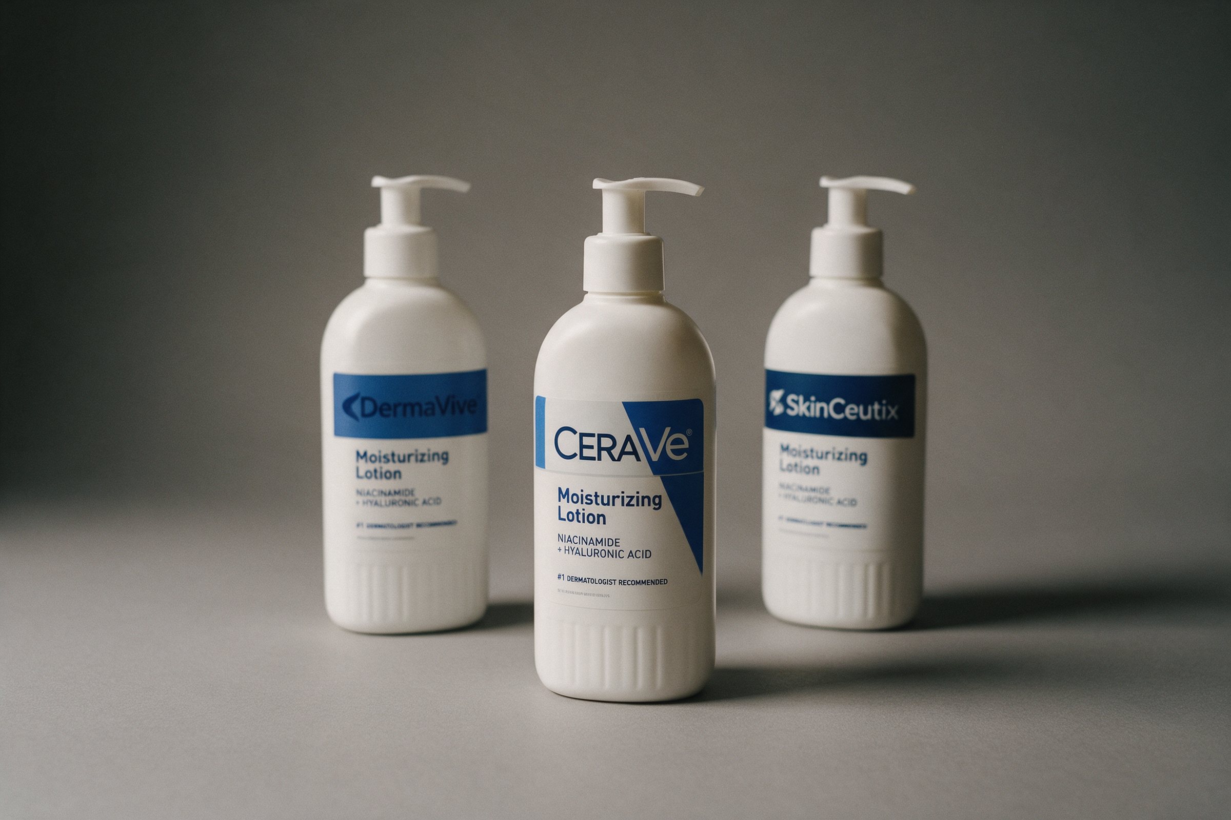A CeraVe lotion bottle with two copycat bottles behind it