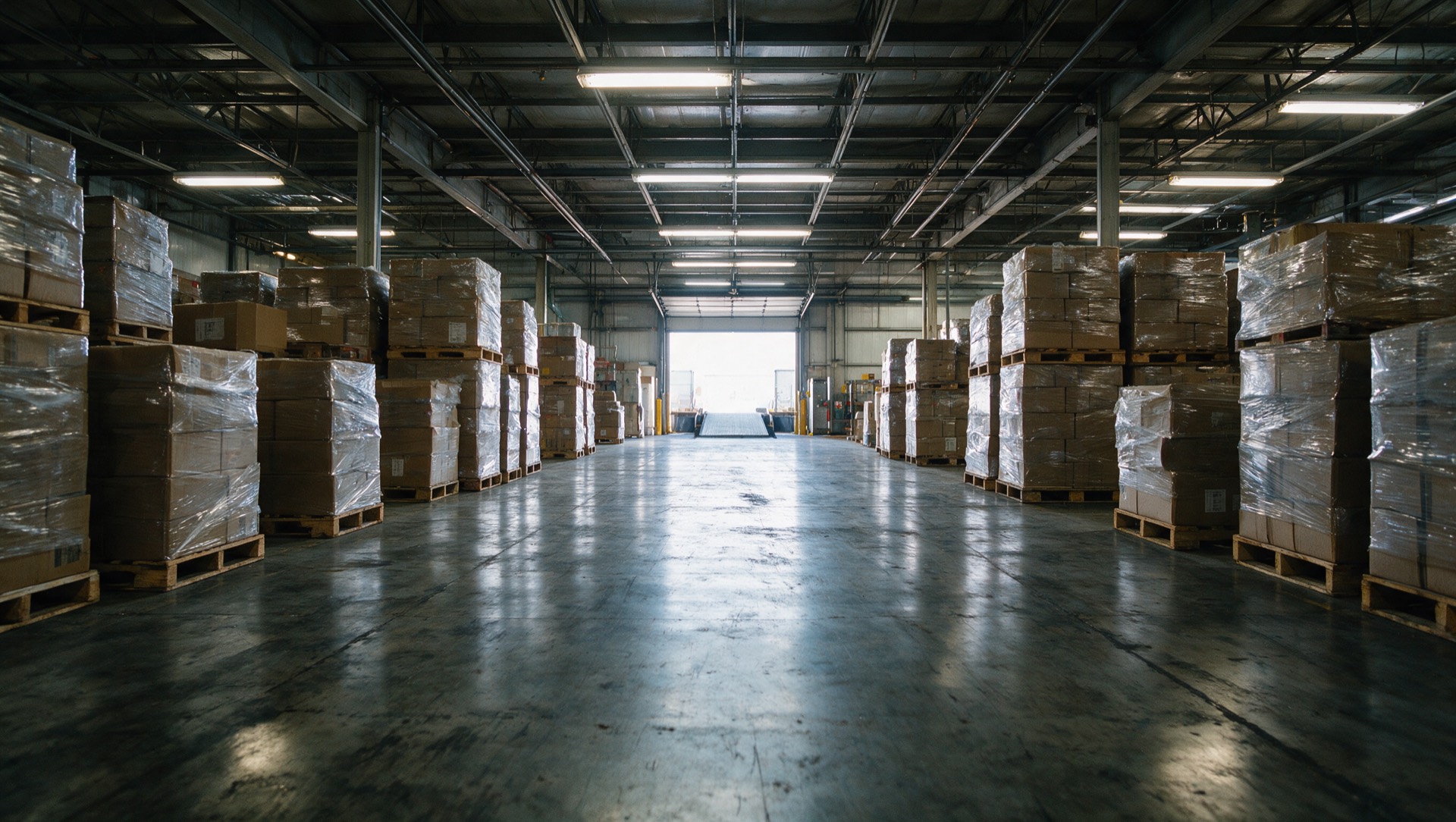 Pallets of shrink-wrapped cartons in an importer's warehouse